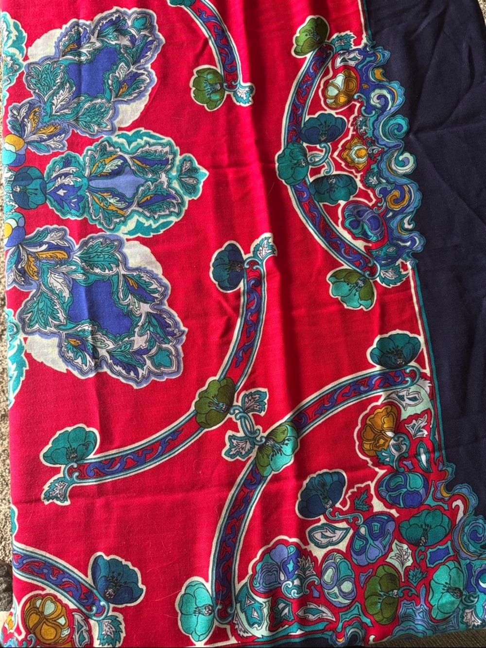 Hermes Red Silk Scarf with Blue, Teal and Green Paisley Motifs